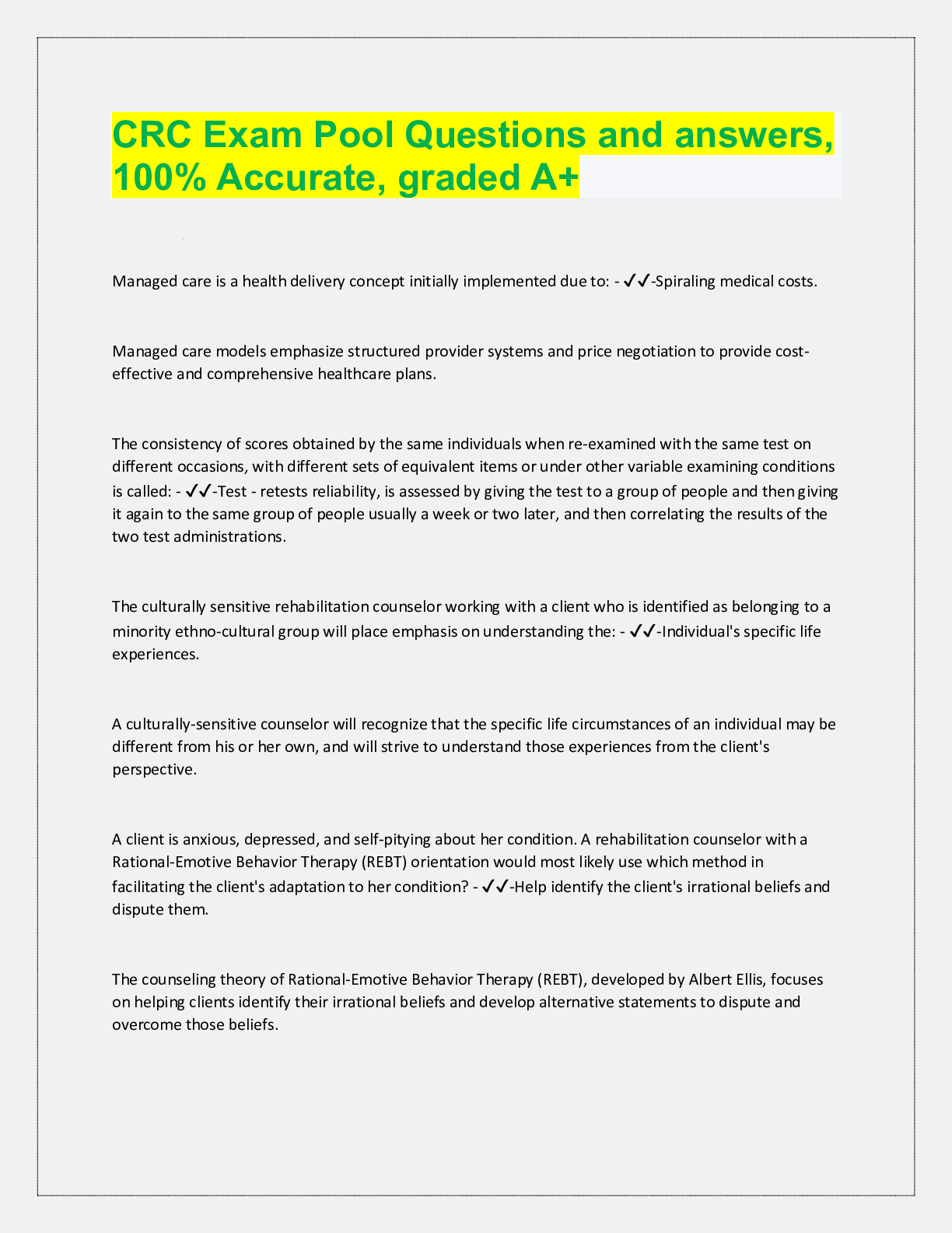 Preview image for CRC Exam Pool Questions and answers,  100% Accurate, graded A+ Managed care is a health